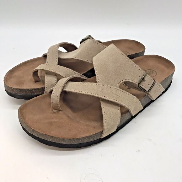 White Mountain Footbeds Graph Bone Suede Leather Slides Women's 8M Buckle Sandal - Picture 1 of 11